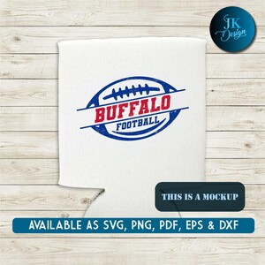 May include: A white can cooler with a blue and red distressed graphic of a football with the text "BUFFALO FOOTBALL".
