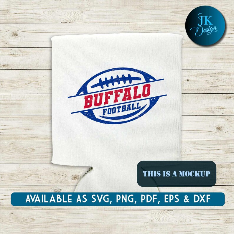 May include: A white can cooler with a blue and red distressed graphic of a football with the text "BUFFALO FOOTBALL".