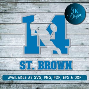 Op de afbeelding: Blauwe en grijze afbeelding van het nummer 11 met een silhouet van een rennende American footballspeler. De tekst "ST. BROWN" staat onder het nummer. De tekst "AVAILABLE AS SVG, PNG, PDF, EPS & DXF" staat onderaan de afbeelding.