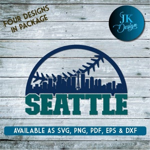 May include: A blue and green graphic design featuring a skyline of Seattle, Washington with the Space Needle and a baseball with a stitched seam. The text "SEATTLE" is in green below the skyline. The text "FOUR DESIGNS IN PACKAGE" is in the top left corner and "JK Design" is in the top right corner.
