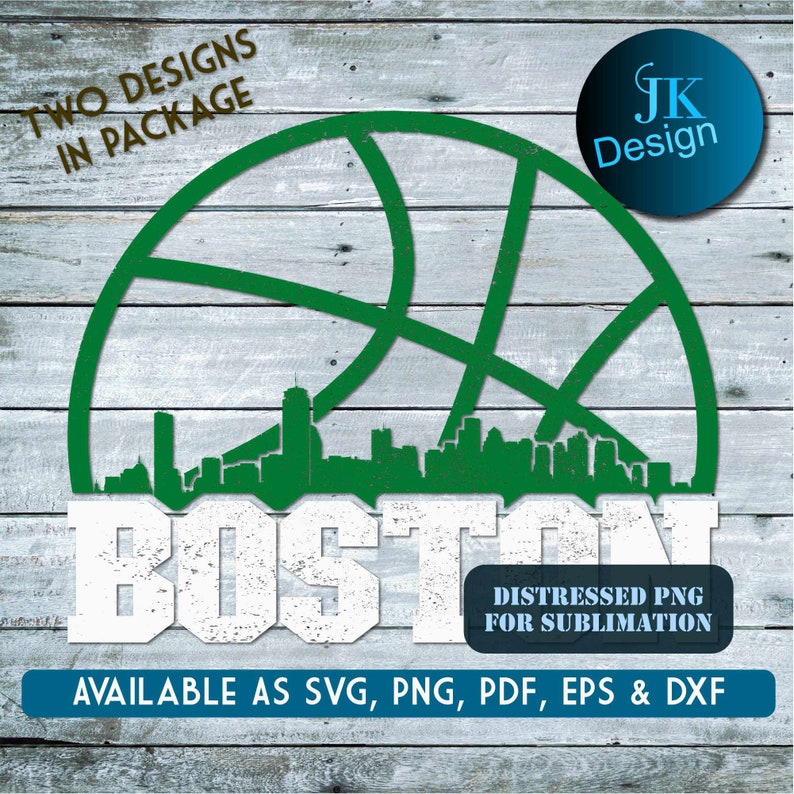 May include: A digital design featuring a green basketball with a silhouette of the Boston skyline. The text "BOSTON" is in white with a distressed look. The text "DISTRESSED PNG FOR SUBLIMATION" is also included. The design is available as SVG, PNG, PDF, EPS, and DXF files.
