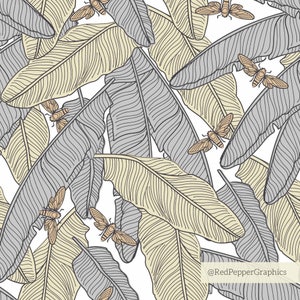 Puede incluir: Un patrón sin costuras con hojas de plátano grises y beige con mariposas marrones. El fondo es blanco.