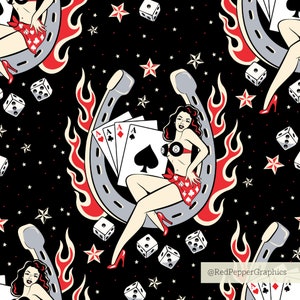 Modello senza cuciture Lady Luck, file digitale Rockabilly, tessuto retrò e camicie da bowling, tessuto moda POD, Viva Las Vegas