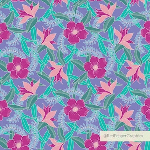 May include: A seamless pattern featuring pink and purple flowers with green leaves on a light purple background. The flowers have a speckled texture and the leaves have a dotted texture.