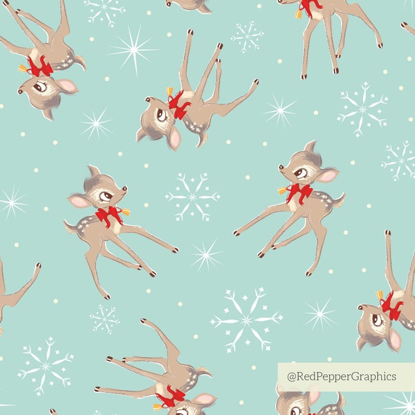 Retro Christmas baby reindeer seamless pattern, vintage holiday giftwrap, cute animal fabric, retro holiday design, digital download paper