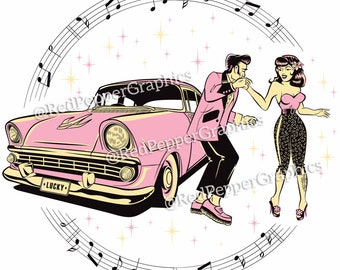 Danseurs rockabilly avec fichier clipart voiture vintage rose | PNG transparents + vecteur SVG, téléchargement numérique rétro rock and roll des années 50