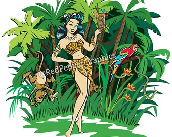Tiki Goddess PNG / SVG sublimation file,  retro tropical jungle digital download file for transfers, DTF  printing clipart