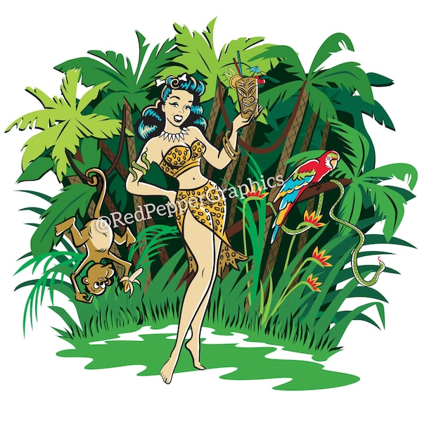 Tiki Goddess PNG sublimation file,  retro tropical jungle digital download file for transfers, DTF DTG printing clipart