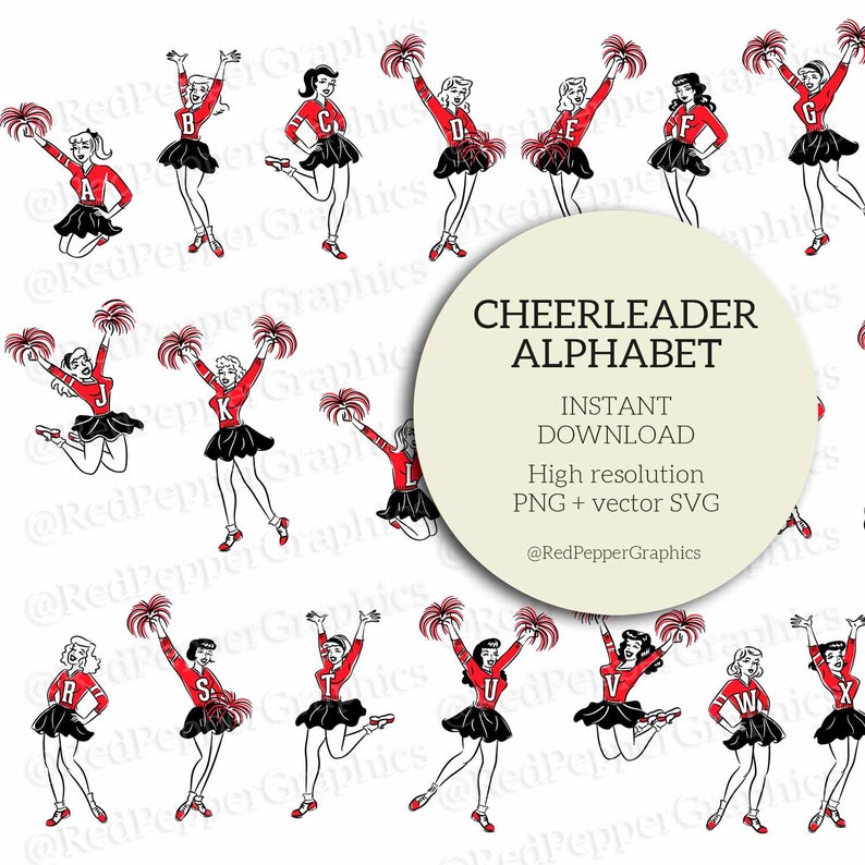 Retro Cheerleaders Alphabet | Digital Clipart File for Instant Download ...