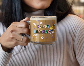 Taza de vidrio de feliz cumpleaños de 10 oz / Taza de café transparente personalizada / Lindo regalo de cumpleaños para ella / Taza de té personalizada / Regalo de cumpleaños