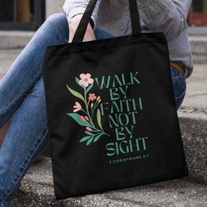 Walk by Faith Not by Sight Tote | Cotton Canvas Bag Gift for Her | Reusable Boho Market Tote | Faith Inspired Mothers Day Gift