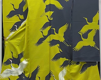 Furisode Kimono Karieba yellow Color crane pattern Wedding Premium Pure Silk Craftsman Japanese Traditional Crafts Made in Japan K2682
