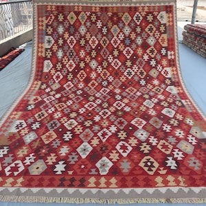 7x10 Vintage Kilim Rug/ Handmade Wool Rug/ Antique Afghan Kilim Rug/ Oriental Rug/ Maroon Red Flatweave Turkmen Kilim Rug Living Room Carpet