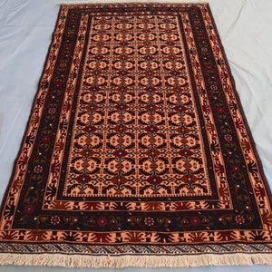 Afghan Baluchi Rug 3&#39;8x7&#39;4 ft, Vintage Handmade Soft Wool Area Rug, Oriental Turkmen Tribal Bukhara Rug, Antique Veg Dyes rug, Office Carpet