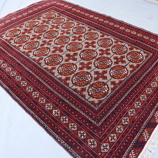 Turkmen  Tekke Ersari 4x6 rug/ Afghan Tribal Bukhara Hand Knotted Wool Rug, High Pile Red Gray Area Rug/ Rug for Living room/ Bedroom Carpet
