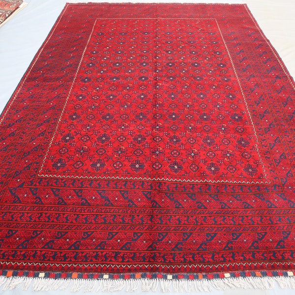 Large Afghan Area Rug 6'4x9'4 ft, Vintage Tribal Handmade Wool Rug/ Oriental Red Turkmen Bukhara Rug/ High pile Red Rug/ Bedroom/ Kichen Rug