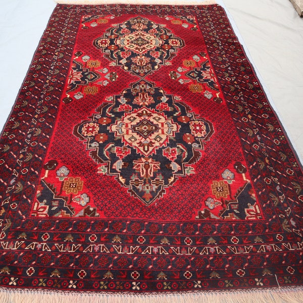Vintage Afghan Area Rug 4x6 ft, Turkmen Tribal Baluchi Handmade Soft rug, Antique Wool rug, Medallion Red Rug, Living Room Carpet Office Rug