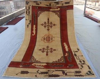 4'4x7'3 Beige Geometric Rug, Turkmen Khotan Rug, Afghan Handmade Rug, Fine Wool Rug, Oriental Vintage rug, Rug for Bedroom, Living Room Rug