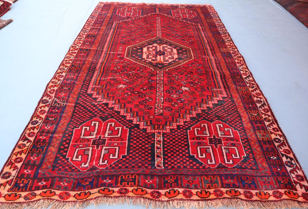 4'8x7'7 Ft Antique Rug Afghan Handmade Wool Rug, Turkmen Caucasian