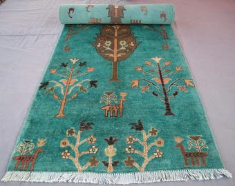 Turquoise 3x10 ft Runner Rug, Afghan Pictorial Rug, Handmade Fine Wool Rug, Tree of Life Art Rug, Oriental 3x10 Runner Rug, Hallway Runner