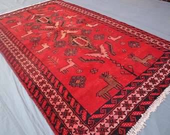 4 x 7フィートのヴィンテージトライバルラグ、アフガニスタンの手作り