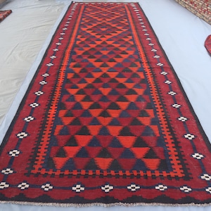 Alfombra Kilim antigua de 1,5 x 4,5 m, de ancho, de estilo afgano, de tejido plano, hecha a mano, de lana, estilo oriental, auténtica, de estilo turcomano, de largo color rojo.