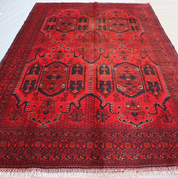 7x10 ft Large Bukhara Red Rug, Afghan Ethnic Boho Handmade Area Rug, Turkmen Tribal Rug, Soft Wool Rug, Oriental Carpet, Living Room Carpet