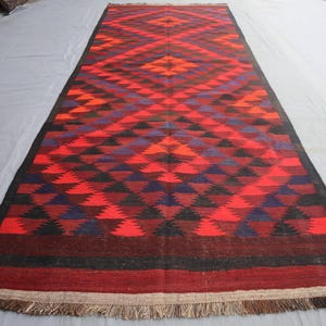 Alfombra vintage roja de 1,2 x 3,6 m, de tejido plano turcomano, antigua alfombra de lana hecha a mano, alfombra tribal afgana Kilim, alfombra con tintes vegetales orientales, alfombra para pasillo