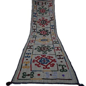 May include: A long, rectangular rug with a light grey background and a repeating pattern of colourful geometric shapes. The rug features red, blue, green, and yellow accents, with a dark border and tassels at the end. The rug is likely used as a decorative floor covering.