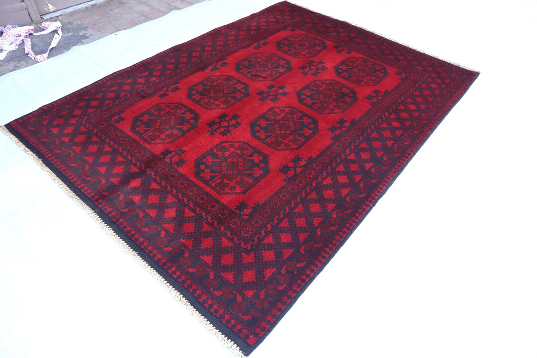6x8 Ft Vintage Pattern Afghan Rug, Hand Knotted Wool Rug, High Pile Red ...