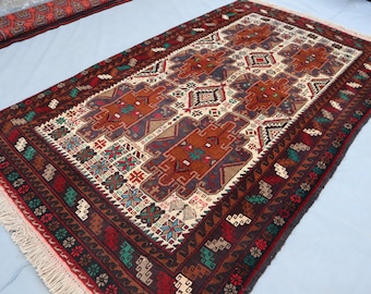 Vintage Afghan Rug 3'10x6'5 ft, Turkmen Tribal Handmade Tribal rug, Antique Baluchi rug, Geometric Area Brown Beige Rug 4x7 Entry Way Carpet