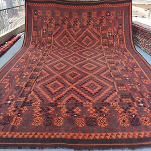 10&#39;6x15&#39;9 ft Antique Large Rug/ Terracotta Flatweave Kilim Handmade Wool Rug/ Oriental Vintage Rust Rug/ Authentic Rug/ Turkmen Faded Carpet