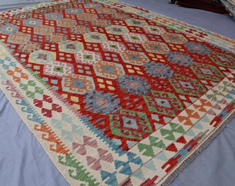 7x10 Orange Beige Gray Yellow Blue Afghan Kilim Rug, Handmade Wool Flatweave Natural Vegetable dyes, Turkmen Oriental Rug, Living room Rug