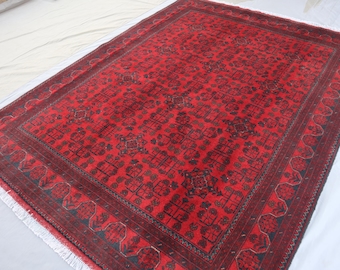 Vintage 6x8 Turkmen Bukhara rug Afghan Handmade High Pile Wool rug/ Oriental Tribal Veg Dyes Bohemian Rug/ Bedroom Rug/ Living room Red Rug