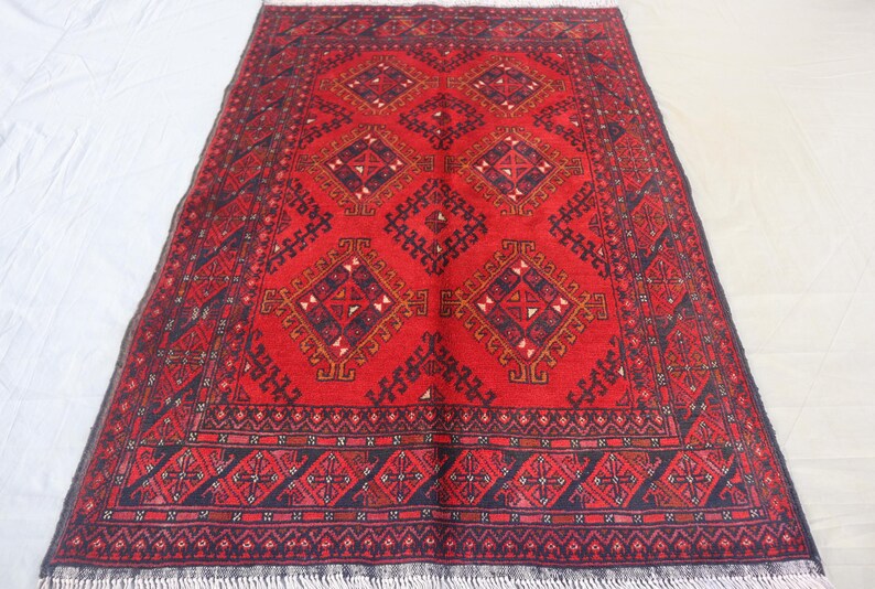 Antique Red Rug 3'5x5 Ft Vintage Bukhara Veg Dyes Rug- Afghan Handmade ...