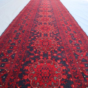 3x13 Red Turkmen Bukhara Runner Rug/ Afghan Hand Knotted High Pile Wool Rug/ Oriental Veg Dyes Carpet Rug for Kitchen Runner/ Hallway Runner