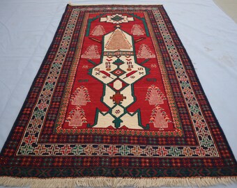 3x5 Ft Vintage Afghan Prayer Rug Turkmen Handmade Wool Kilim Rug, Vintage Flatweave Oriental Veg Dyes Red Beige Rug, Muslim Prayer Area Rug