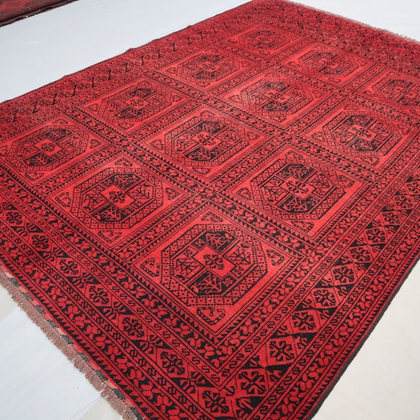 1940s Collectors Piece 6'6x9'3 ft, Turkmen Distressed Faded Low Pile Rug/ Afghan Handmade Red Rug/ Oriental Rug/ Bedroom Rug/ Office Carpet