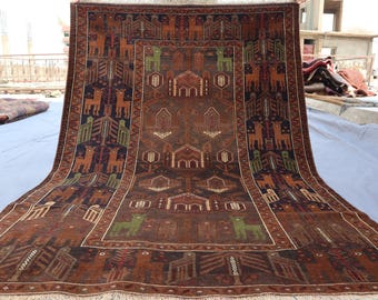 4'3x6'2 Afghan Belutschistan Teppich Handgemachter Wollteppich, Turkmenischer Antiker Teppich, Terrakotta Teppich, Verblasster Geometrischer Teppich, Wohnzimmer Teppich