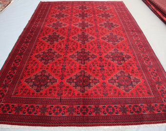 Vintage Turkmen rug 6'7x9'8 ft, Red Afghan Handmade High Pile Soft Wool rug/ Oriental Bukhara Area Rug Dining Table/ Living room Carpet 7x10