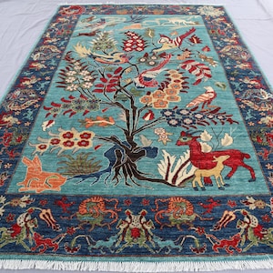 7x10 ft Turquoise Tree of life Rug, One of Kind Afghan Handmade Wool Area Rug, Birds Animals Pictorial Rug for Kids Room, Home decor Carpet