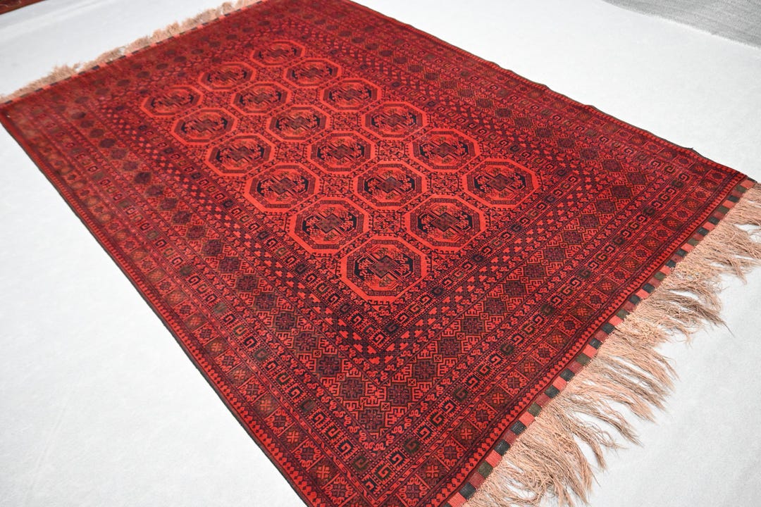 6'7x9'6 Ft Large Afghan Rug, Antique Red Rug, Hand Knotted Wool Rug ...