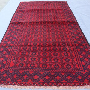 Antique Rug 3&#39;6x6&#39;4 ft High Pile Soft Wool rug, Afghan Baluchi Area Rug, Handmade Rich Red Rug, Oriental Turkmen Rug, Office Living Room Rug
