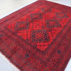 5&#39;9x7&#39;7 ft Turkmen Tribal Bukhara rug Vintage Afghan Hand Knotted Soft Pile Wool rug/ Oriental Bohemian Rug/ Office Rug/ Living room Red Rug
