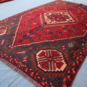 4&#39;3x7&#39;3 ft Vintage Red Rug Afghan Handmade Soft Wool Area Rug, Turkmen Red Oriental Rug, Veg Dyes Geometric Caucasian Design Rug for Bedroom
