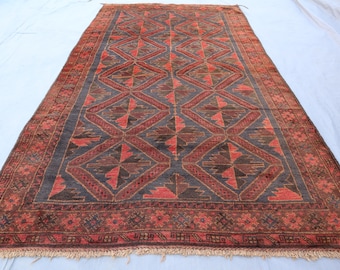 1970s Antique Rug 4x7 ft, Afghan Handmade Wool Area Rug, Geometric Maldari Baluchi Faded Colors Rug, Turkmen Tribal Rug, Living Room Carpet