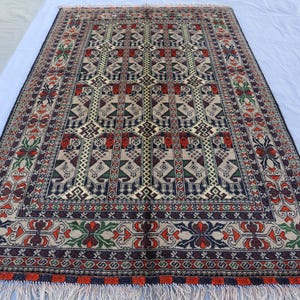 3&#39;3x5&#39;1 ft Gray Area Rug, Tribal Afghan Hand Knotted Soft Wool Area Rug, Vintage Oriental Turkmen Bukhara Rug, Bedroom Carpet, Entry Way Rug
