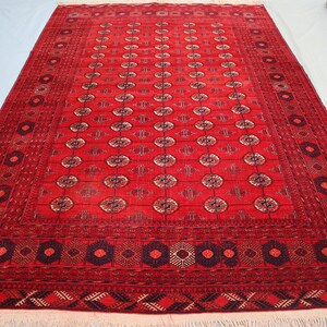7x10 ft Vintage Turkmen Mowri Red Rug, Large Hand Knotted Wool Afghan Area Rug, Bedroom, Living Room, Office Turkmen Bukhara Oriental Carpet