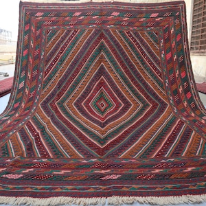 7x9 ft Large Afghan Berjesta Rug Turkman Handmade 100% Wool Rug- Antique Mashwani Tribal Red Green Area Rug- Bedroom Rug- Living Room Carpet
