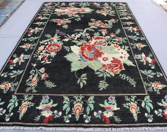 Black 7x10 ft Floral Design Rug, Afghan Handmade Area Rug, Black Plush Wool Boho Rug, Turkmen Fine Quality Rug, Living Room, Kids Room Rug